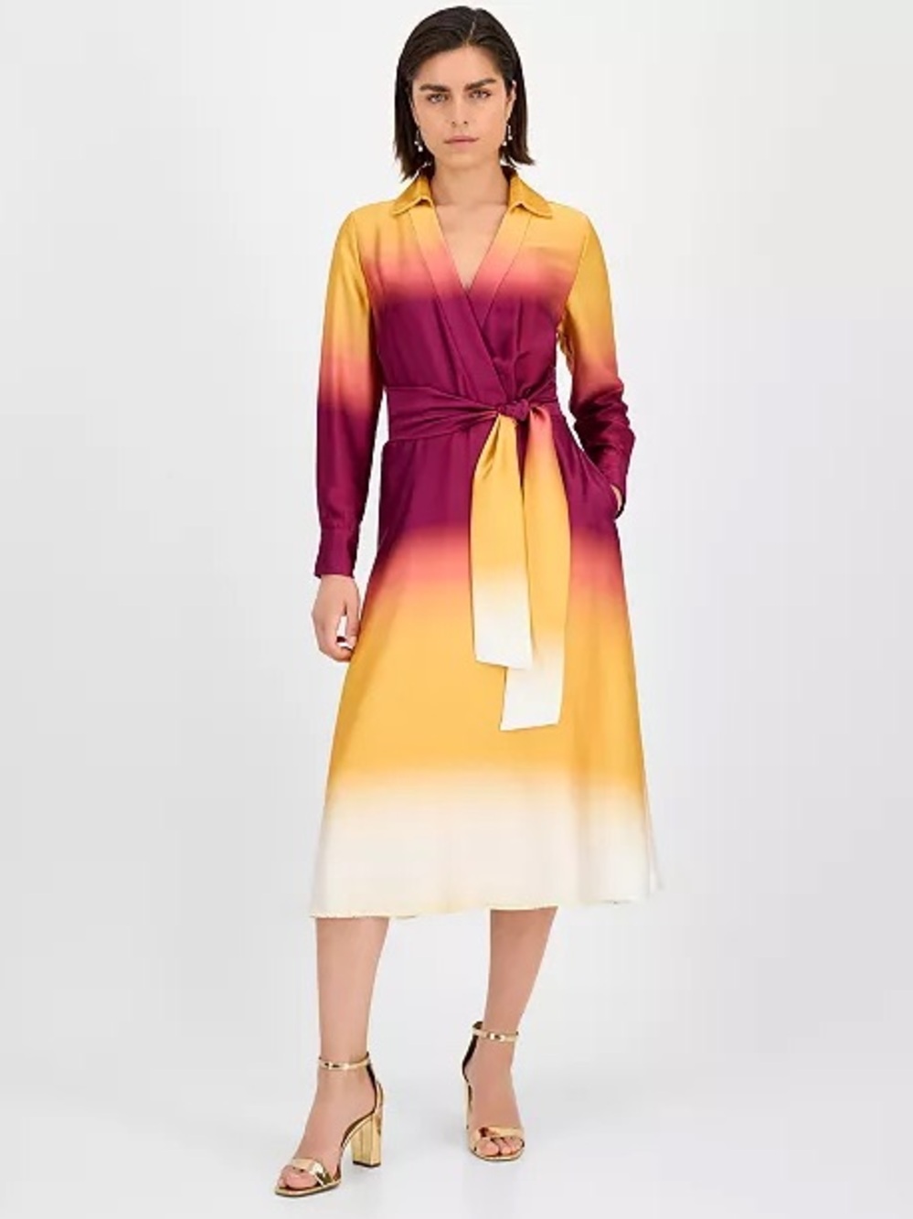 Tahari Ombre Wrap Midi Dress in Yellow and Burgundy